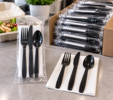 Heavyweight Black Plastic Cutlery Kit – Fork, Knife, Spoon & Napkin
